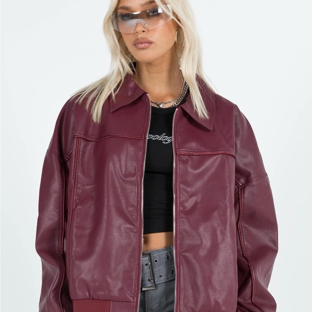 Princess Polly Goldsmith Faux Leather Bomber Jacket Burgundy